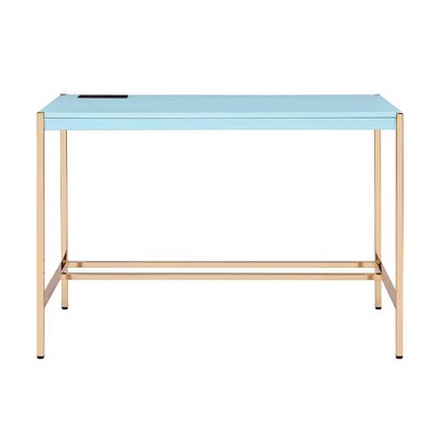 Elegant Baby Blue & Gold Writing Desk with USB & Filing Cabinet