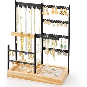 4-Tier Jewelry Organizer Stand with 15 Hooks & 16 Earring Holes, Velvet Ring Holder Display, White - 1 of 4