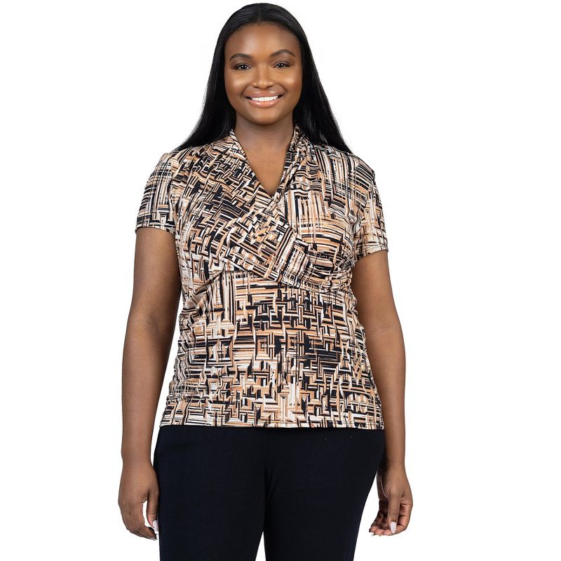 24seven Comfort Apparel Womens Plus Size Brown Print Short Sleeve V Neck Wrap Top, 1 of 7