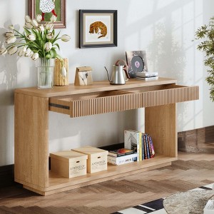 KIGFTSOD Modern 2-Drawer Fluted Console Table with Natural Wood Veneer, Behind Couch for Living Room, Hallway, Entryway, Home Office - 1 of 4