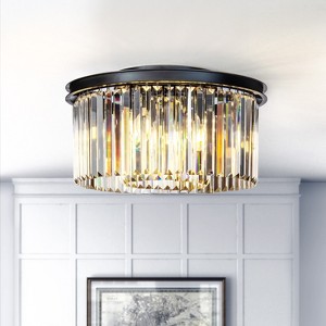 ALOADECOR 9-Lights Modern 20" Matte Black 2-Tier Round Fringe Crystal Flush Mount - 1 of 4