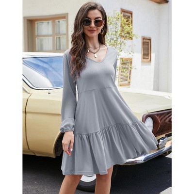 Women Long Sleeve Baby Doll Dress Pocket Solid Flowy Pleated Tiered Dresses
