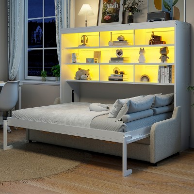 TIRAMISUBEST Full/Queen Size Murphy Bed with Folding Sofa, Storage Bed Frame with Built-in Bookshelf and LED Light