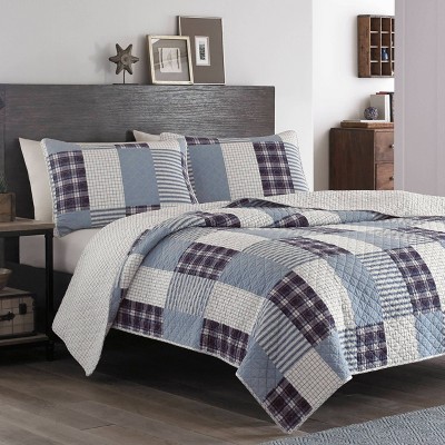 Camano Island Twin Quilt Set in Blue and White Cotton Patchwork