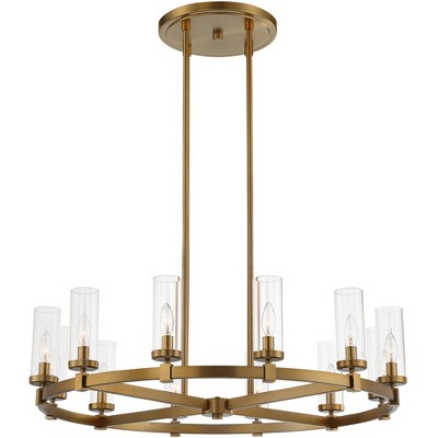 Aron 40" Brass Wagon Wheel Chandelier with Clear Glass Shades