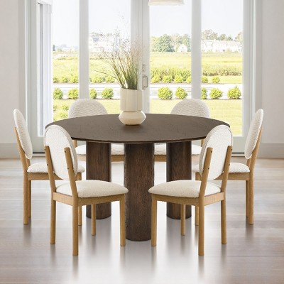 7-Piece Round Dining Table Set, 52" Oak Pedestal Table with 6 Boucle Chairs for Kitchen & Dining Room-Maison Boucle‎