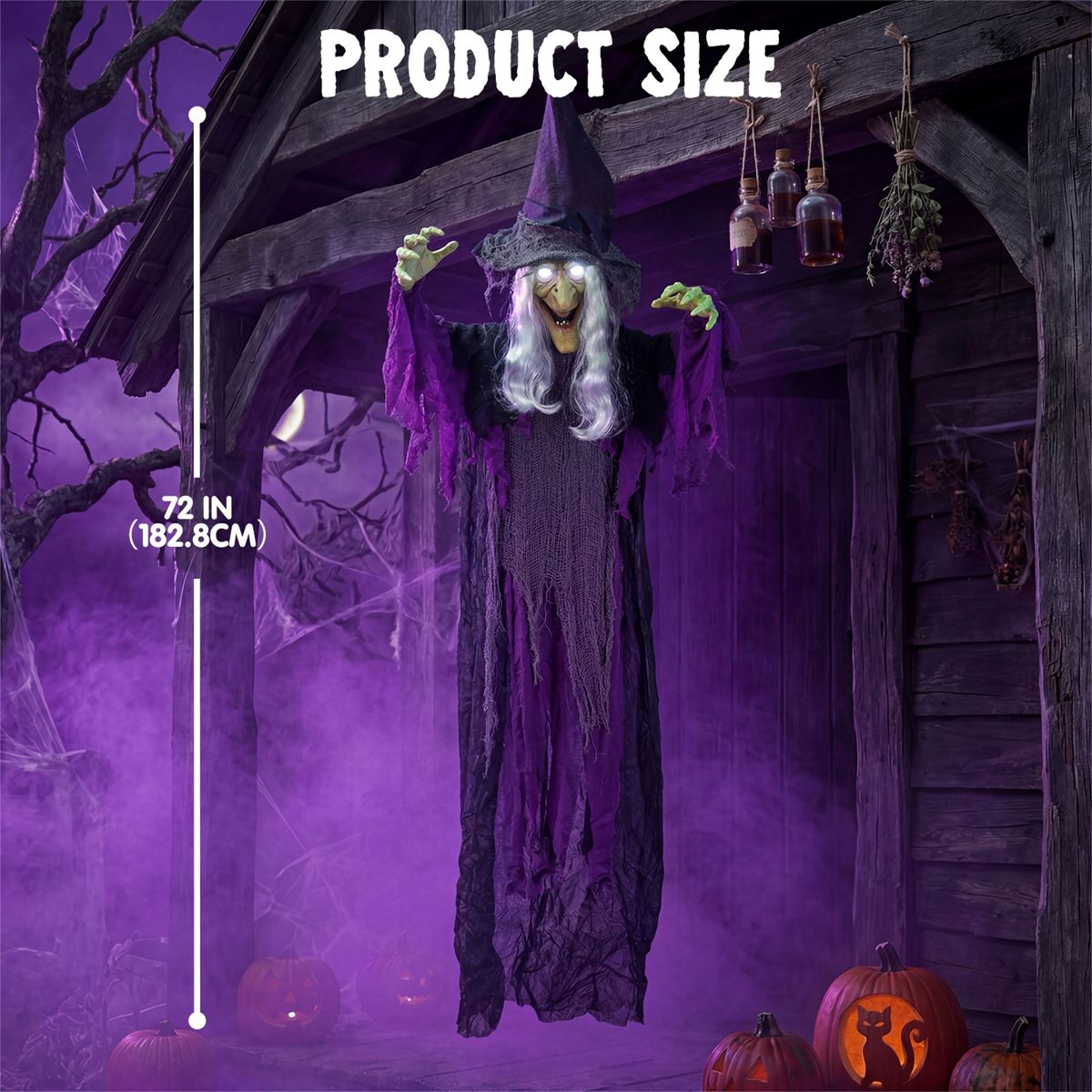 Joyfy Halloween Witch Decoration, Hanging Talking Witch Decorations Prop with Light Up Eyes for Halloween Outdoor, Indoor, Haunted House Decor - thumbnail 8