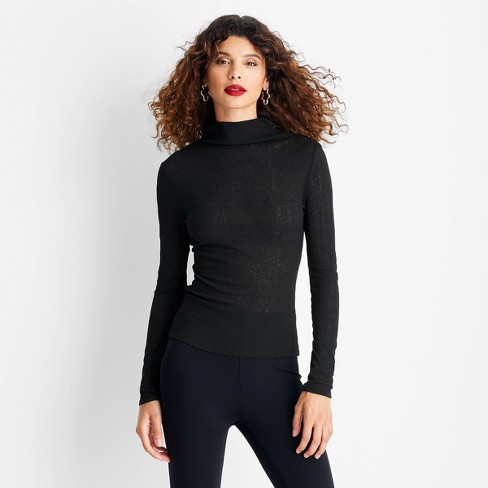 Black Mock Neck Slim Fitting Long shops Sleeve Pullover Top