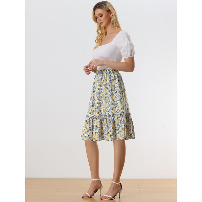 Allegra K Women's Ruffle Hem Elastic Waist Flowy A-Line Swing Floral Midi Skirt, 3 of 6