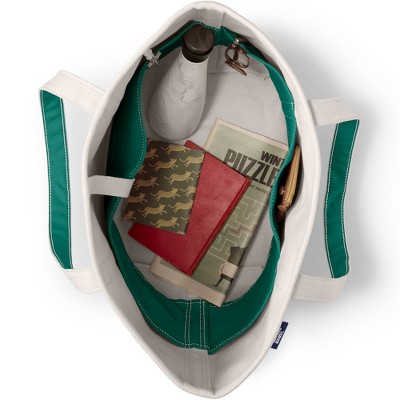 Large Ivory and Green Canvas Tote with Side Pockets