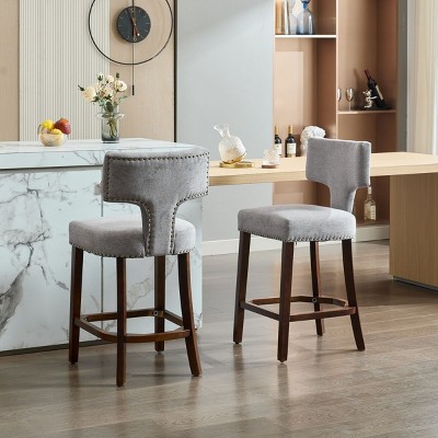 Set of 2 Counter Height Bar Stools,Linen Upholstered Bar Stools with Solid Wood Legs,Mid Century Modern Bar Stools for Kitchen-Cuddlewood
