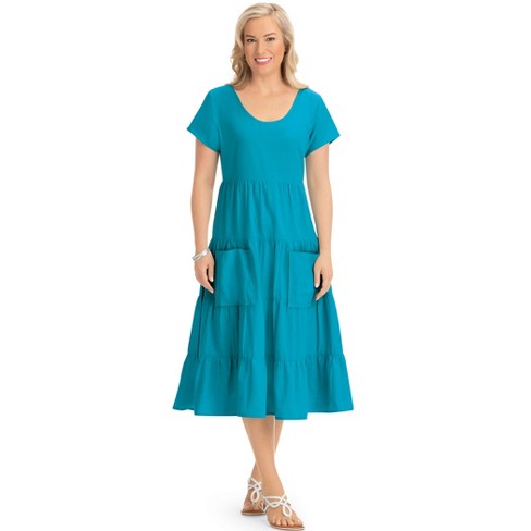 Collections Etc Short Sleeve Tiered Cotton Linen Casual Summer Dress  X-Large Turquoise