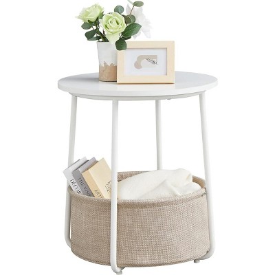Simple Trending Small Bedside Table with Fabric Basket Matte White + Camel Brown