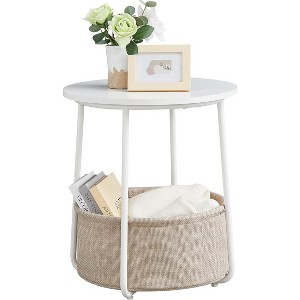 Simple Trending Small Bedside Table with Fabric Basket Matte White + Camel Brown - 1 of 4