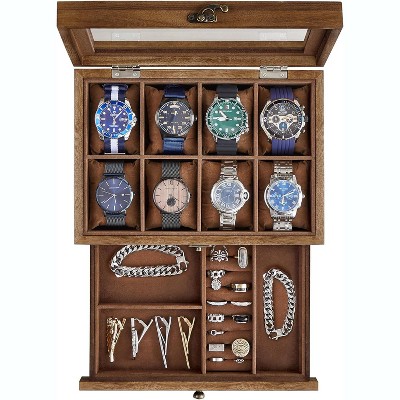 8-Slot Watch Box, 2-Tier Watch Display Case with Large Glass Lid, Removable Watch Pillows