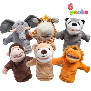 6Pcs Kids Hand Puppet Set with Working Mouth, Toddler Animal Plush Toy Includes Elephant, Giraffe, Lion, Bear, Raccoon and Monkey for Show Theater - 1 of 4