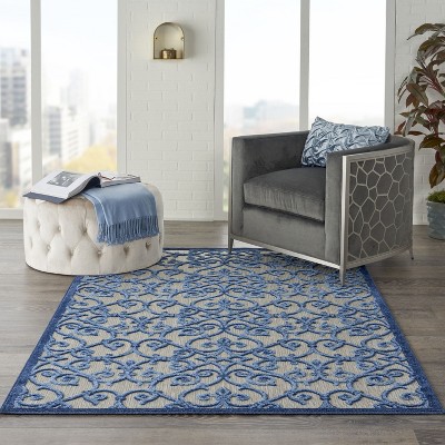 Aloha Contemporary Scroll 5'3" Round Blue/Grey Outdoor Rug