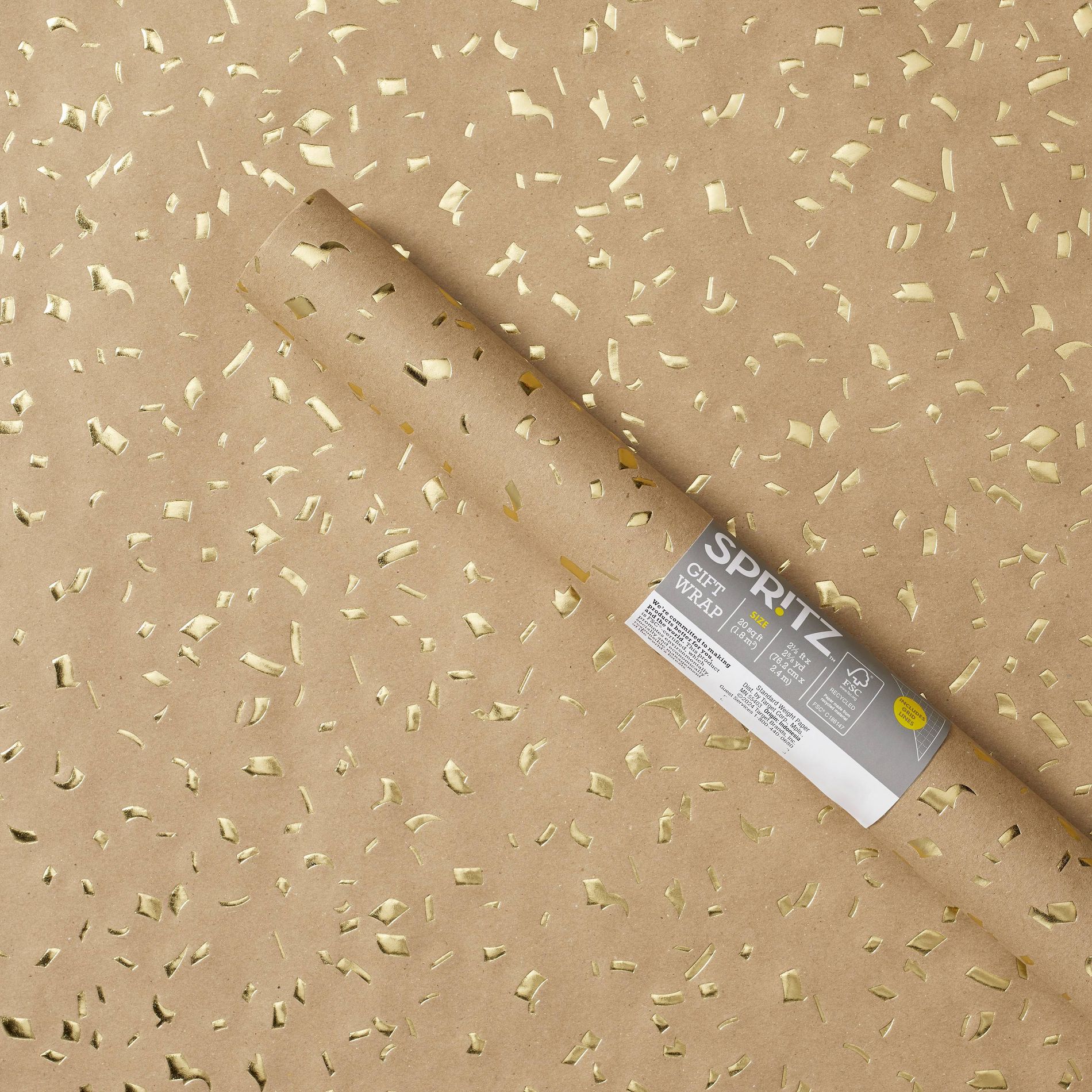 Brown Gold Foil Speckled Gift Wrap - Spritz™: Wedding & All Occasions, 94.5" x 30", DASH Pattern