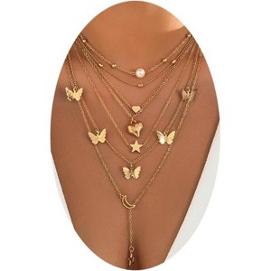 Layered Butterfly Necklace Set for Women Trendy Stars Moon Cross Pearl Heart Gold Chain Adjustable Stackable Gold Choker Necklace Dainty Jewelry - 1 of 4