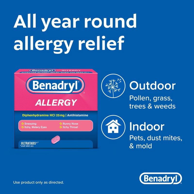 Benadryl Ultratabs Diphenhydramine Antihistamine Cold &#38; Allergy Relief Tablets - 100ct, 6 of 12