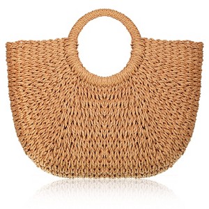 Straw Tote Bag Summer Beach Bag Handmade Straw Rattan Woven Handbag for Women Travel(12.6 x 7.87 x 8.66 Inch,Khaki) - 1 of 4