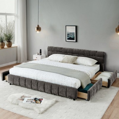 California King Chenille Grounded Beds Frame with 4 Storage Drawers, Upholstered Floor Bed with Headboard and Solid Frame, No Box Spring Needed