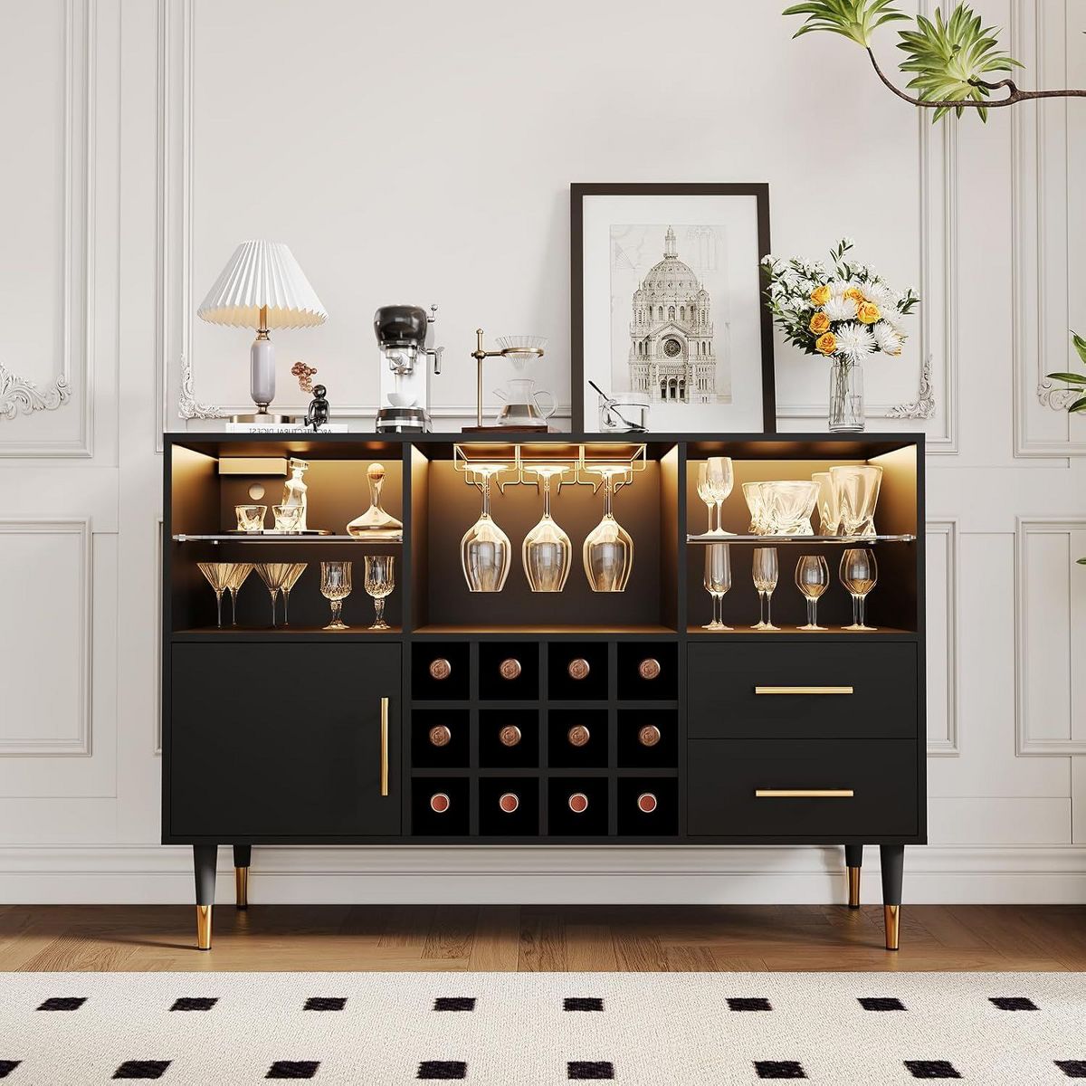 47 Inch Bar Cabinet, Modern Sideboard Buffet Cabinet with Storage Drawers, Wine Rack & Doors, Coffee Bar Table for Living Room, Dining Room