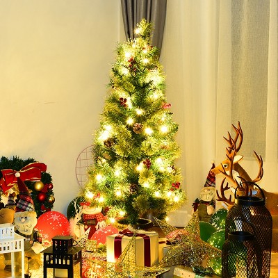 5-Foot Pre-Lit Green Christmas Tree with Pine Cones and Red Berries