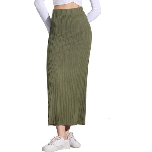 Allegra K Women s Knit Side Slit Hight Waist Midi Bodycon Skirt Army Green Large Target