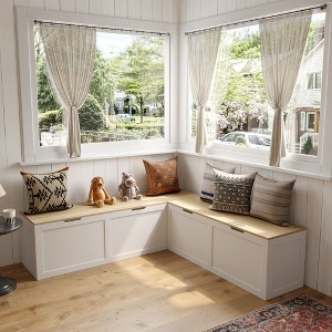 Famapy Corner Entryway Bench w/Hidden Storage White Oak Finish Shoe Cabinet - 1 of 4