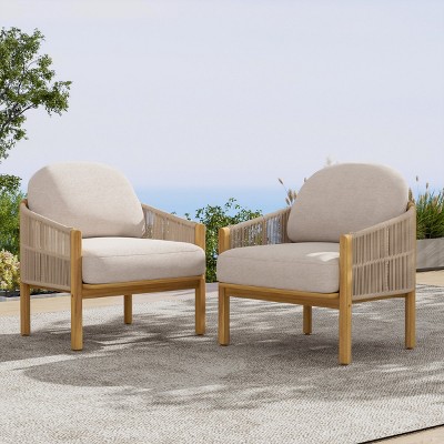 Set of 2 Outdoor Club Chairs, Modern Acacia Wood Patio Armchairs with Cushions and Woven Sides for Garden or Balcony – Cuddlewood