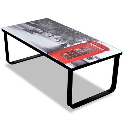 vidaXL Coffee Table Black with Telephone Booth Print Tempered Glass, Iron