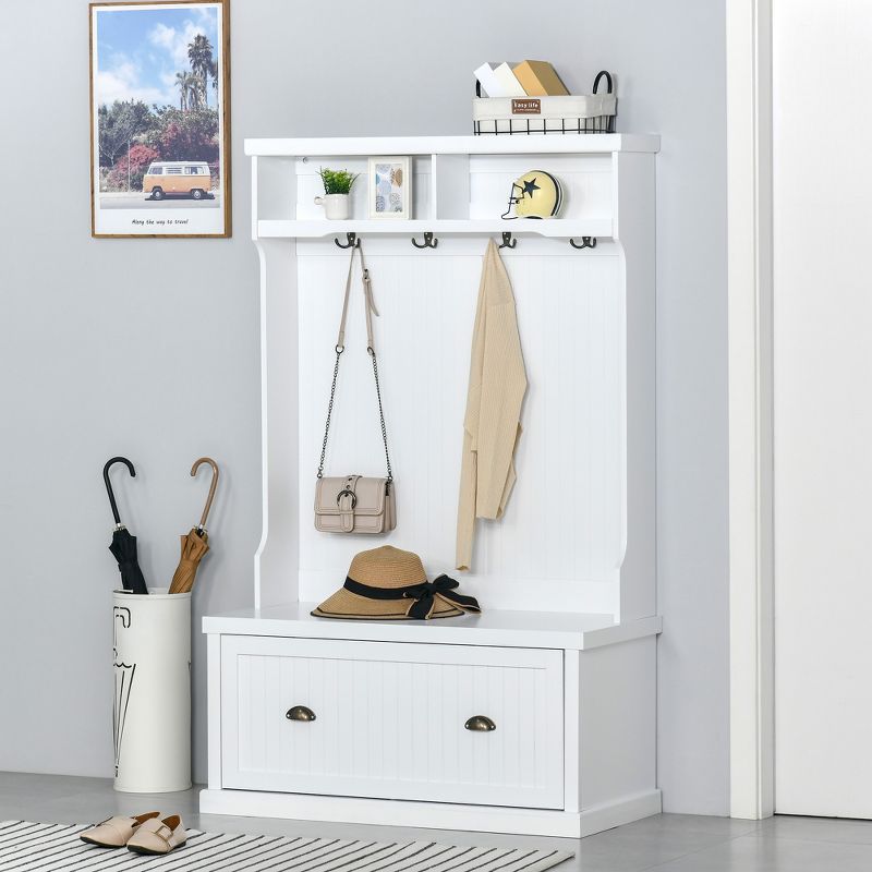 HOMCOM Modern Hall Tree, Coat Rack with Shoe Storage Bench with 4 Double Hooks and 2 Shelves for Hallway, Living Room, White, 2 of 7