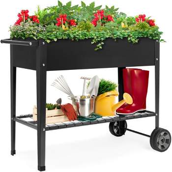 Best Choice Products Mobile Raised Ergonomic Metal Planter Garden Bed w/Wheels, Lower Shelf, 38x16x32in, Dark Gray