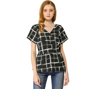 Allegra K Women's Peplum Wrap V Neck Drawstring Waist Plaid Short Sleeve Top - 1 of 4