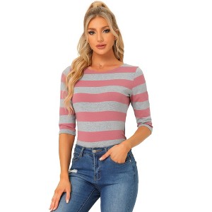 INSPIRE CHIC Women's Stripes Casual Basic Elbow Sleeves Boat Neck Slim Fit T-Shirts - 1 of 4