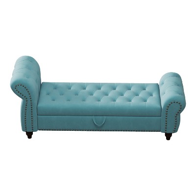 Vynxaria 64.5" Lake Blue Tufted Bed Bench with Storage - Chic Ottomans and Benches for Bedroom