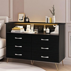 6-Drawer Dresser for Bedroom with LED Lights & Charging Station, Wood Storage Chest with Steel Frame for Entryway, Closet, Living Room, Hallway - 1 of 4
