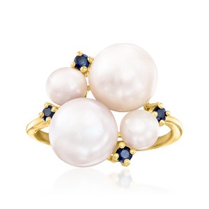 Ross-Simons 5-9mm Cultured Pearl and .10 ct. t.w. Sapphire Ring in 18kt Gold Over Sterling - 1 of 4