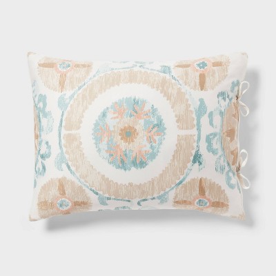 Full/Queen Ivory and Light Teal Cotton Suzani Print Duvet Cover Set