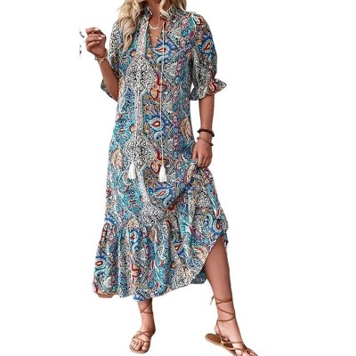 Women's Boho Print Maxi Dress - V-Neck Tassel Tie, Flutter Sleeve Ruffle Hem Flowy Long Dress
