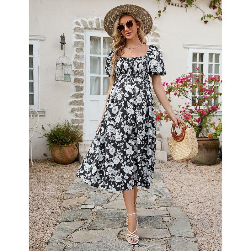 WhizMax Women's Maternity Dress Summer Floral Print Square Neck Puff Sleeve Maxi Dress Casual Ruffle A Line Dress for Babyshower, 4 of 8