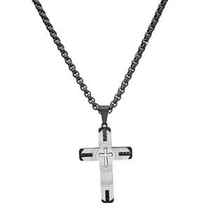 Steeltime 24" Men's two tone black ip and stainless steel double cross pendant with greek key accents - 1 of 4