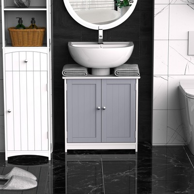 kleankin Vanity Base Cabinet Under-Sink Bathroom Cabinet Storage with U-Shape Cut-Out and Adjustable Internal Shelf White and Grey