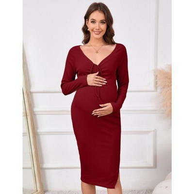 Coolmee Women Vintage Maternity V Neck Smocked Chest Tie Long Sleeve Slim Wrap Midi Dress For Photoshoot Baby Shower