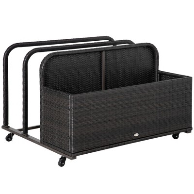 Outsunny Patio Wicker Pool Float Storage Basket, Outdoor PE Rattan Pool Caddy with Rolling Wheels for Floats, Noodles, Paddles, Towels