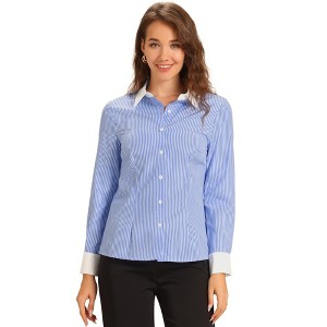 INSPIRE CHIC Women's Striped Colorblock Long Sleeve Collared Button Down Shirt - 1 of 4