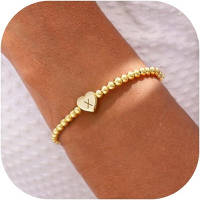 Beaded Bracelets for Women Dainty Heart Initial Bracelet Letter A-Z Charm Bracelet for Women Stretch