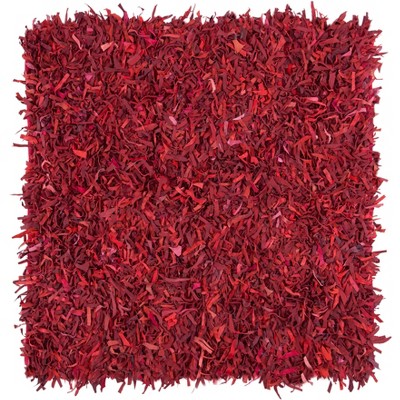 Red Hand-Knotted Leather Shag Square Area Rug, 5' x 5'