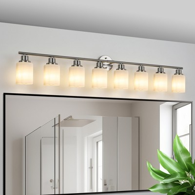 52" Modern 8-Light Vanity Wall Sconce, Brushed Nickel Finish with Frosted Glass Shades for Bathroom or Hallway Lighting (No Bulbs)